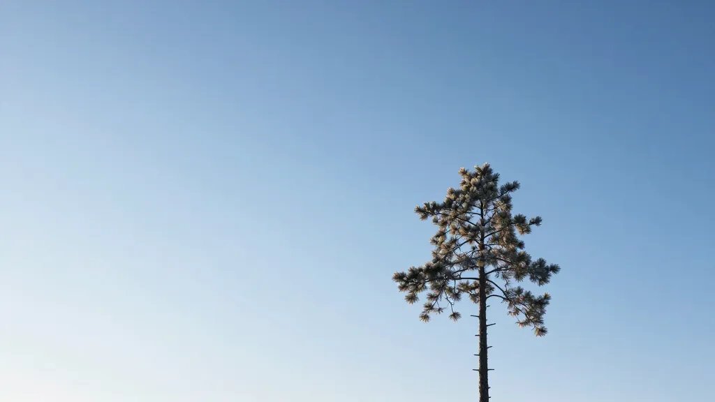 Expansive winter sky over Moran Junction with solo frost-covered pine silhouette