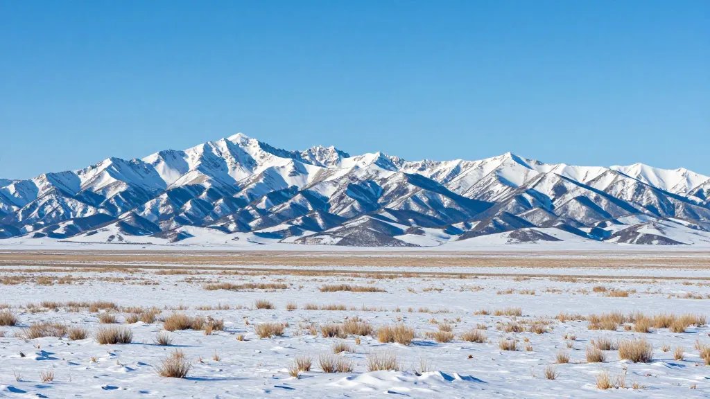 Wide-angle landscape of Gros Ventre Valley under clear blue winter light, distant snow-capped mountains
