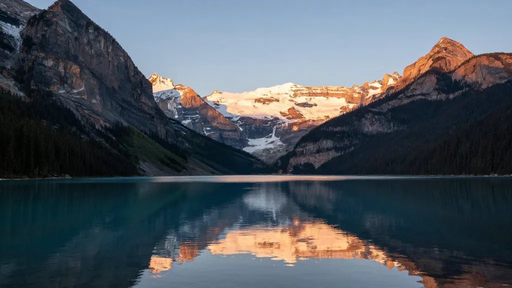 Distant panorama of Lake Louise reflecting alpine peaks at sunrise/oceanic light