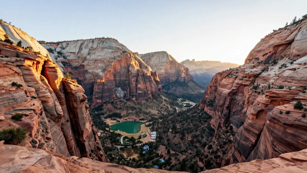 Distant view of Zion's emerald pools cliffscape at sunrise