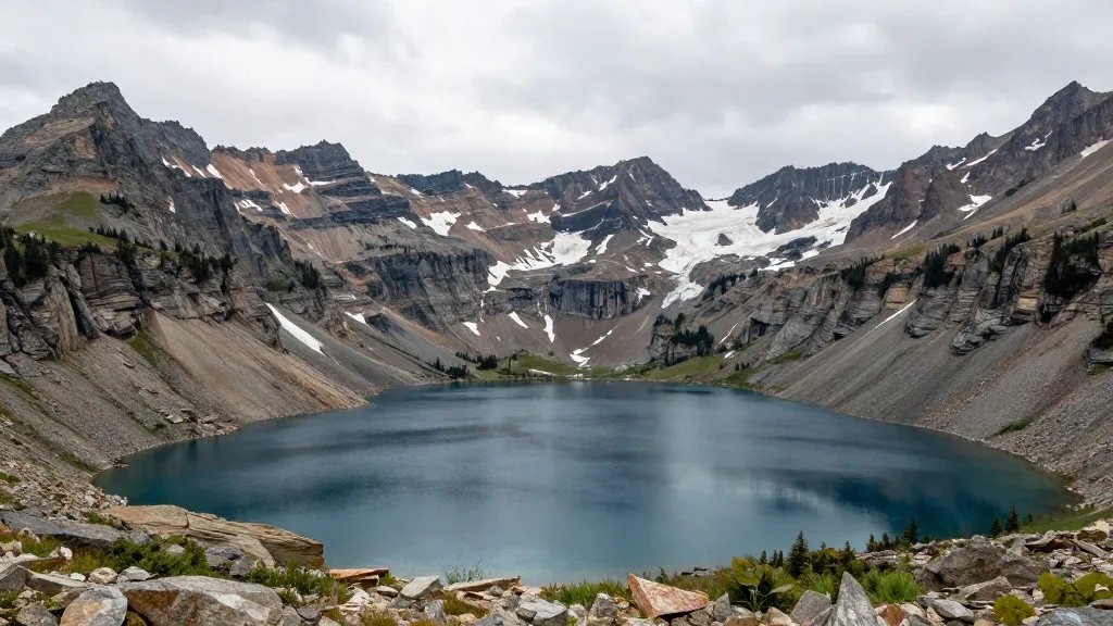 Glacier National Park distant alpine lake with rugged peaks