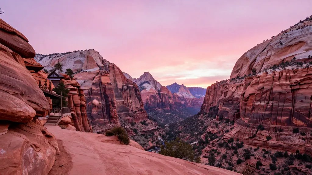 Zion Watchman Trail overlook, distant canyon walls bathed in pink light