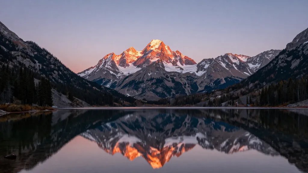 Distant view of Maroon Bells reflected in Maroon Lake at dawn