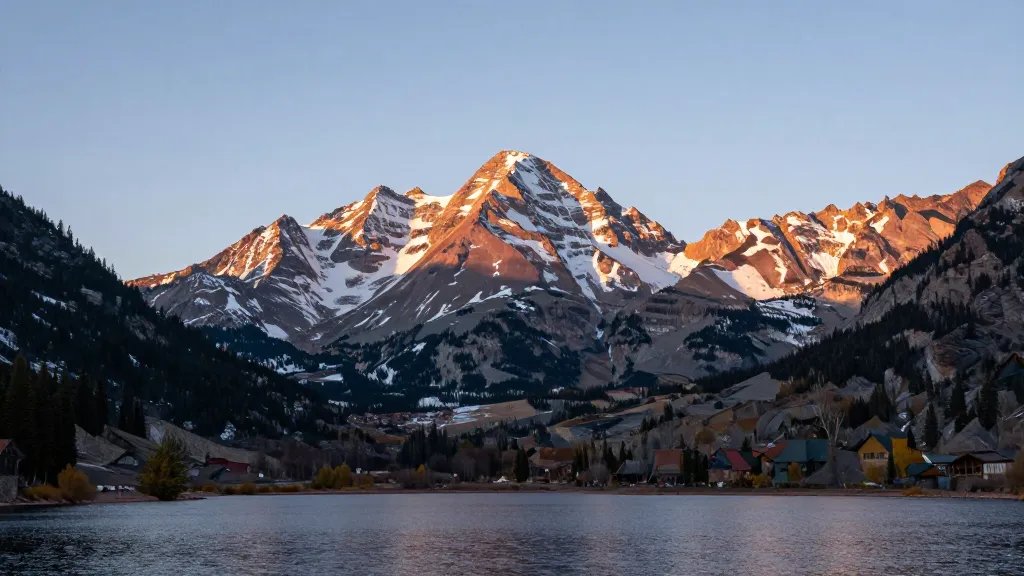 Expansive alpine panorama of Maroon Bells from the shoreline, sunrise light