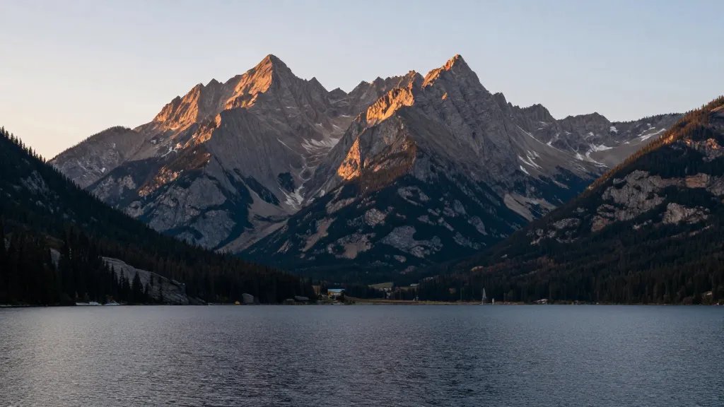 Wide-angle distant shot of Maroon Lake with jagged peaks backdrop at golden hour