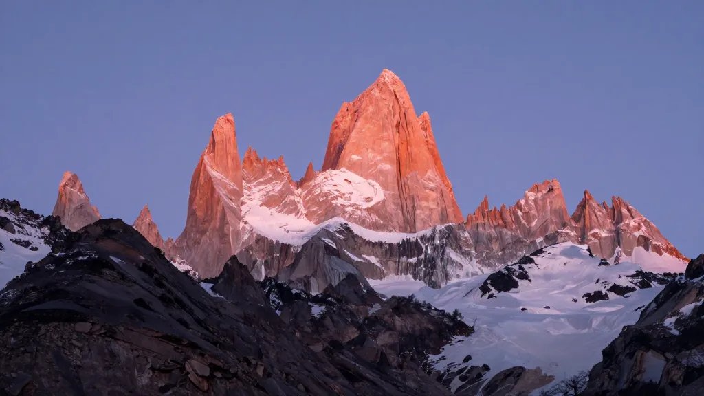 Distant shot of Fitz Roy granite towers under dawn light