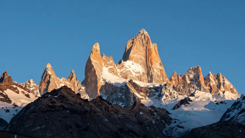 Morning panorama of jagged Fitz Roy peaks against clear blue sky