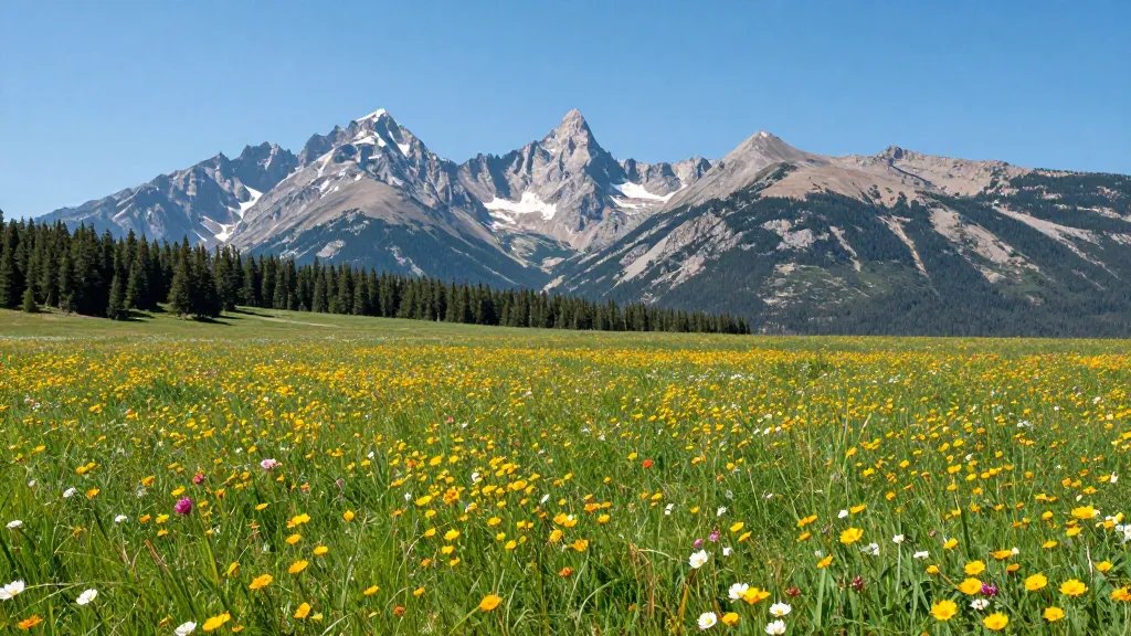 Distant alpine meadow bloom panorama over Rocky Mountain National Park