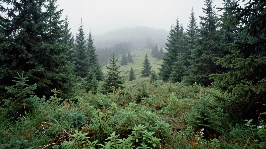 Subalpine fir forest understory plants misty ridge, distant