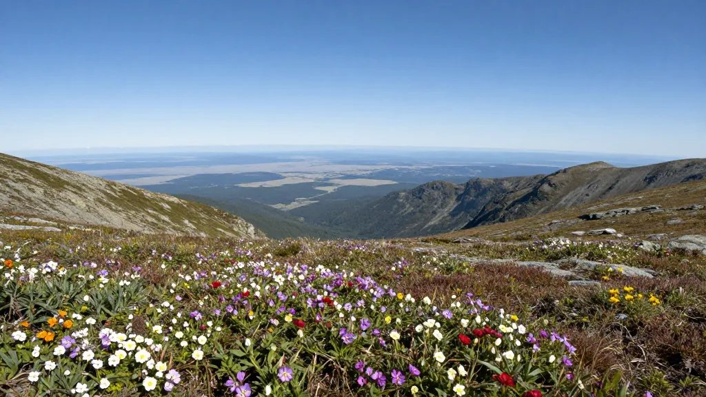 Alpine tundra crests with blooms, expansive valley horizon, high vantage