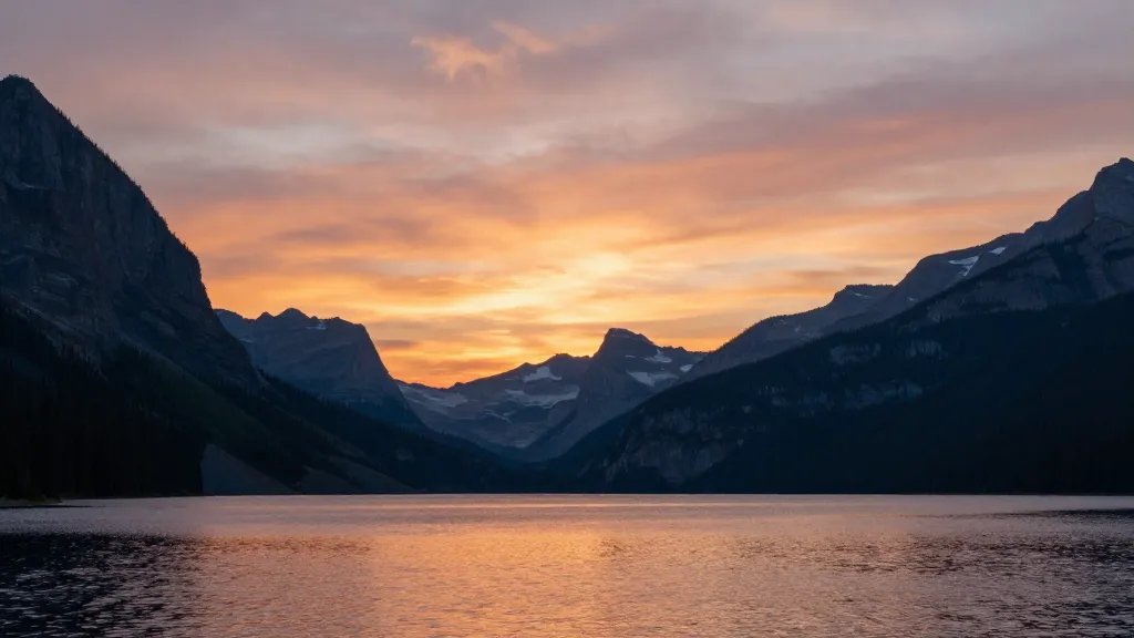 Distant sunset over Two Medicine Lake, Glacier National Park