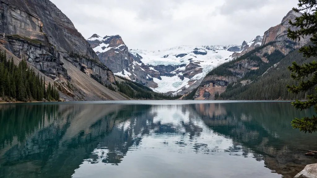 Wide-angle view of Glacier water and pines reflecting in Two Medicine lake, Montana