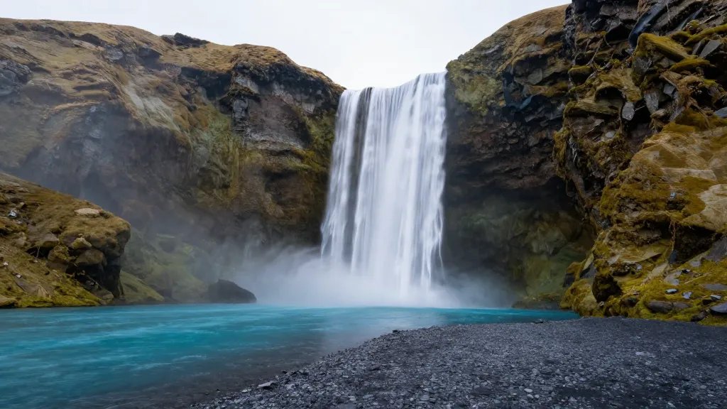 Distant waterfall Iceland mossy curtain turquoise pool, wide landscape
