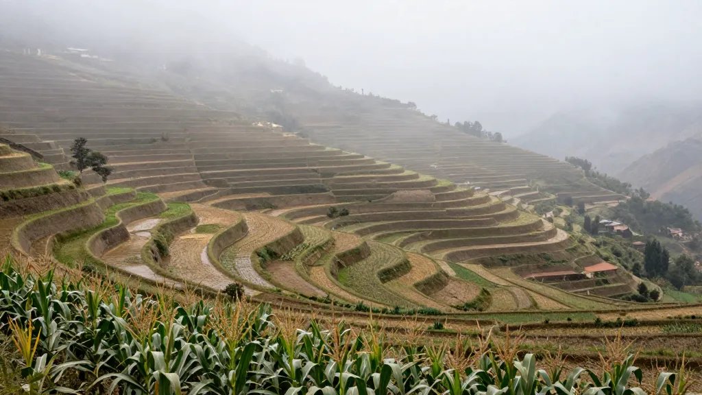 Hidden cascade Peru terraced maize fields, misty morning panorama