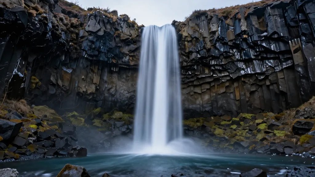 Secluded waterfall Iceland basalt rock backdrop, long-exposure streaks