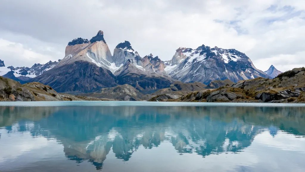 Wide view of turquoise Grey Lake reflecting Patagonian peaks, Torres del Paine