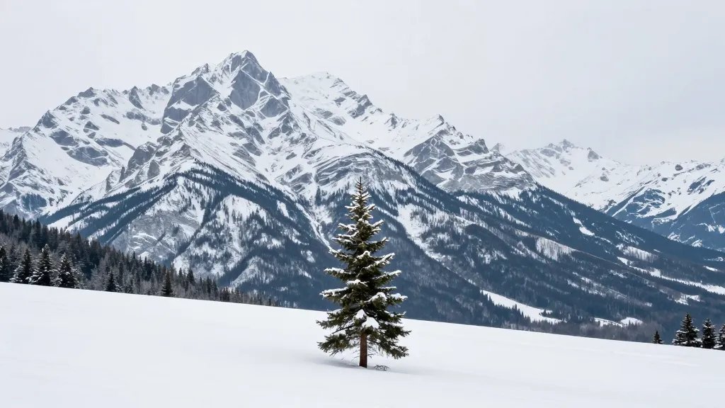 lone snow-dusted evergreen against jagged Banff ridgeline