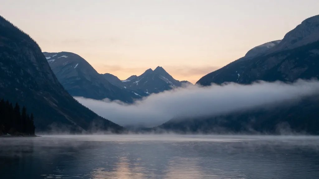 Distant mountains framing Lake Crescent at dawn with fog over the water