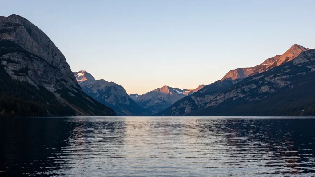 Wide-angle view of Lake Crescent and Olympic Mountains at early morning light
