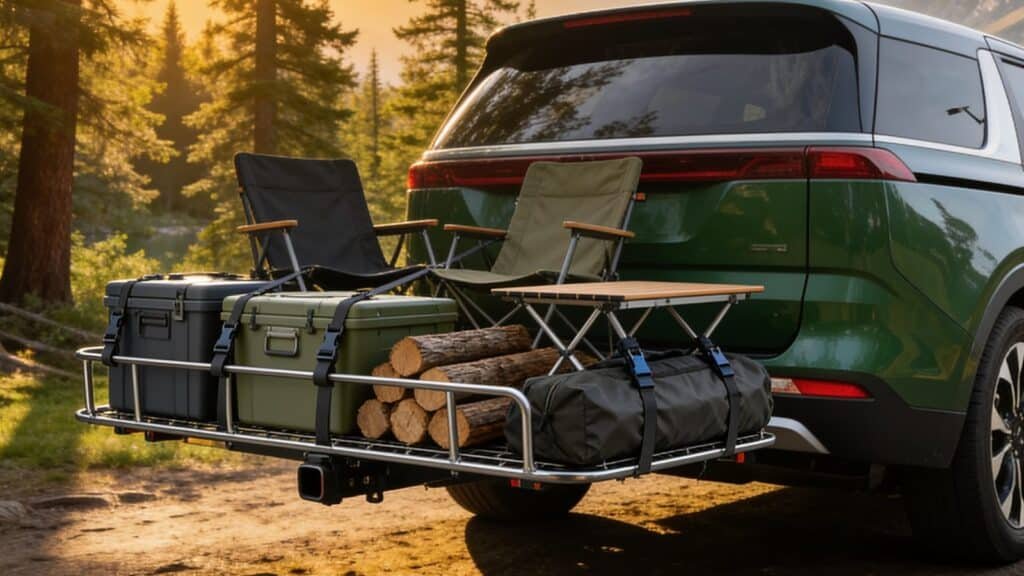 Hitch cargo carrier fitted on green suv