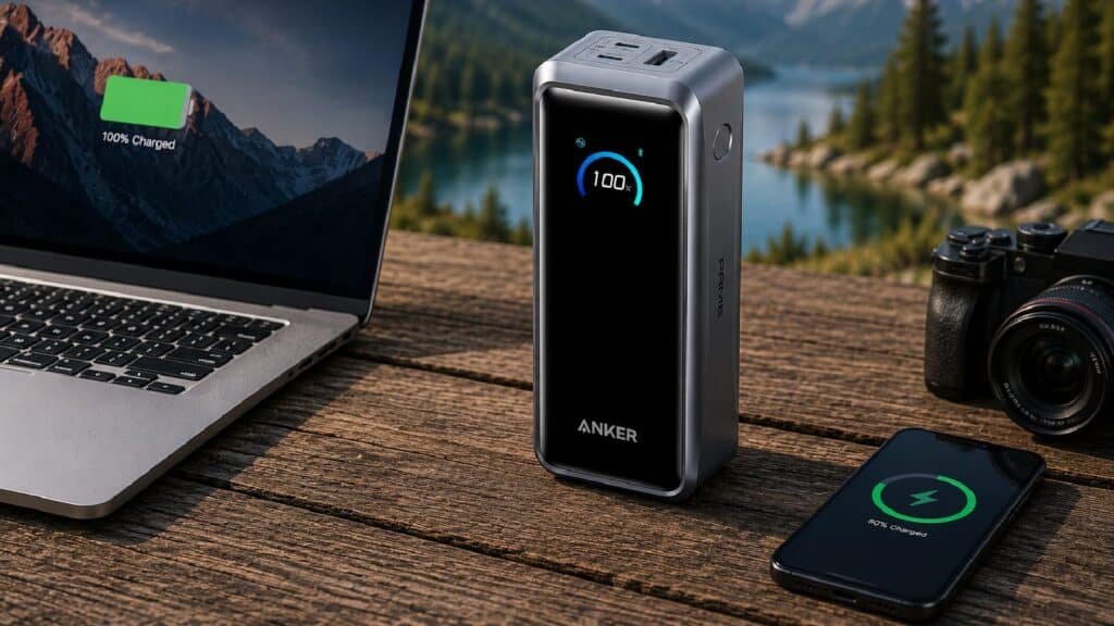 Anker Prime 27650mAh 250W highest capacity portable power bank charging a laptop outdoors.