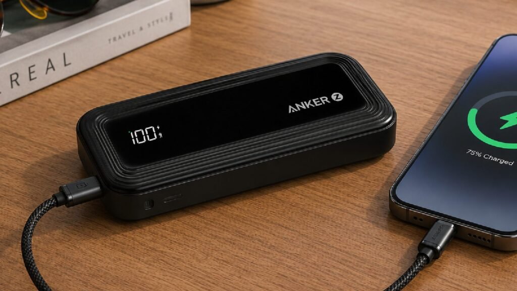 Anker Zolo 25000mAh portable power bank with retractable USB-C charging cable.