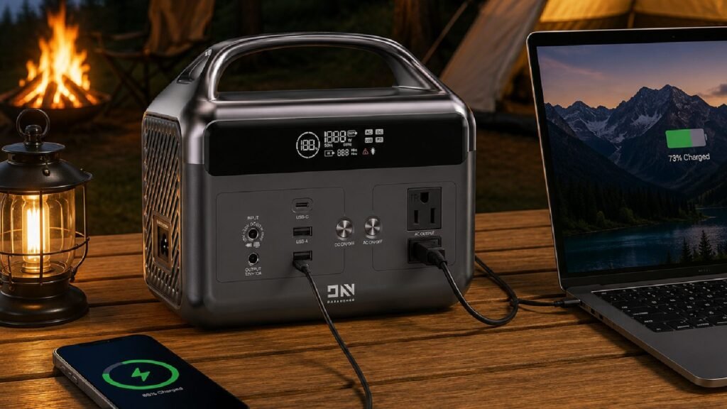 DaranEner portable power station providing backup power while camping.