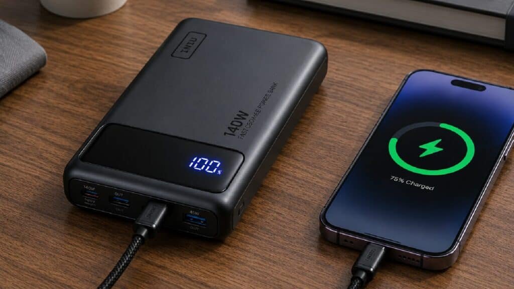 INIU 27000mAh high capacity power bank charging multiple mobile devices.