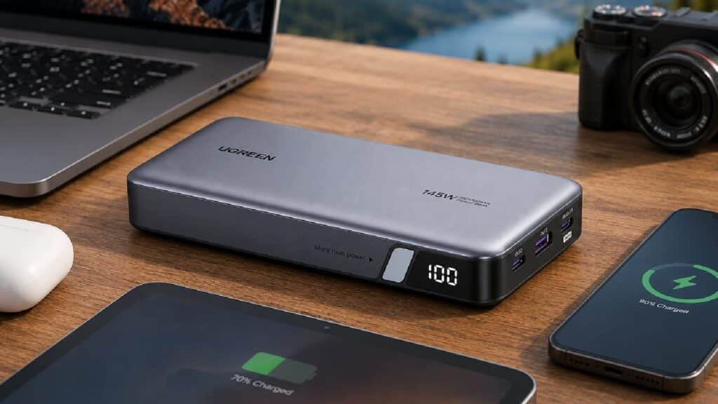 UGREEN Nexode 25000mAh USB-C fast charging portable power bank for travel.