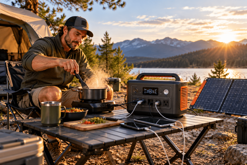 A camper cooking next to a portable power station connected to solar panels