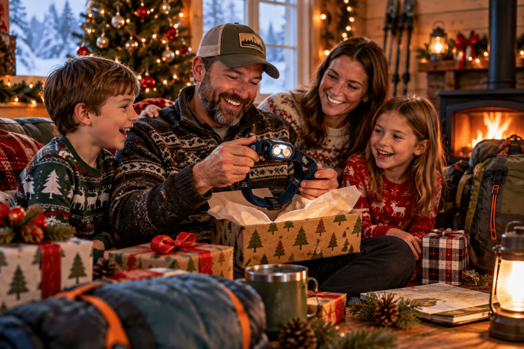 A dad opening his camping Christmas Gifts