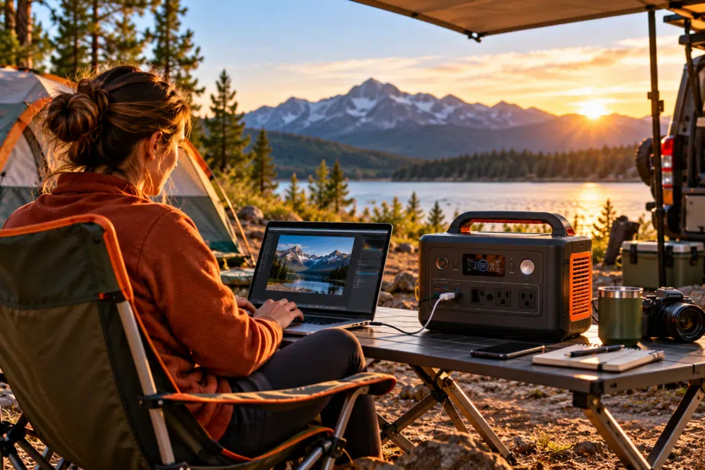 A women camper using a laptop connected to a portable power station