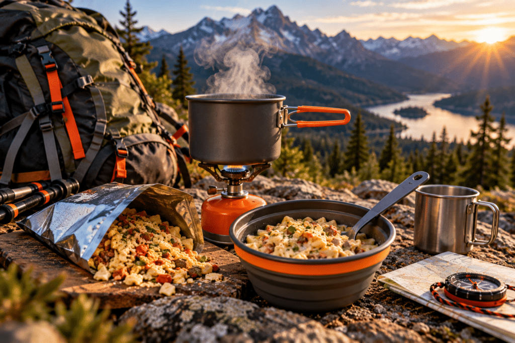Boiling Water on Camping Stove and a Bowl of Freeze Dried Food