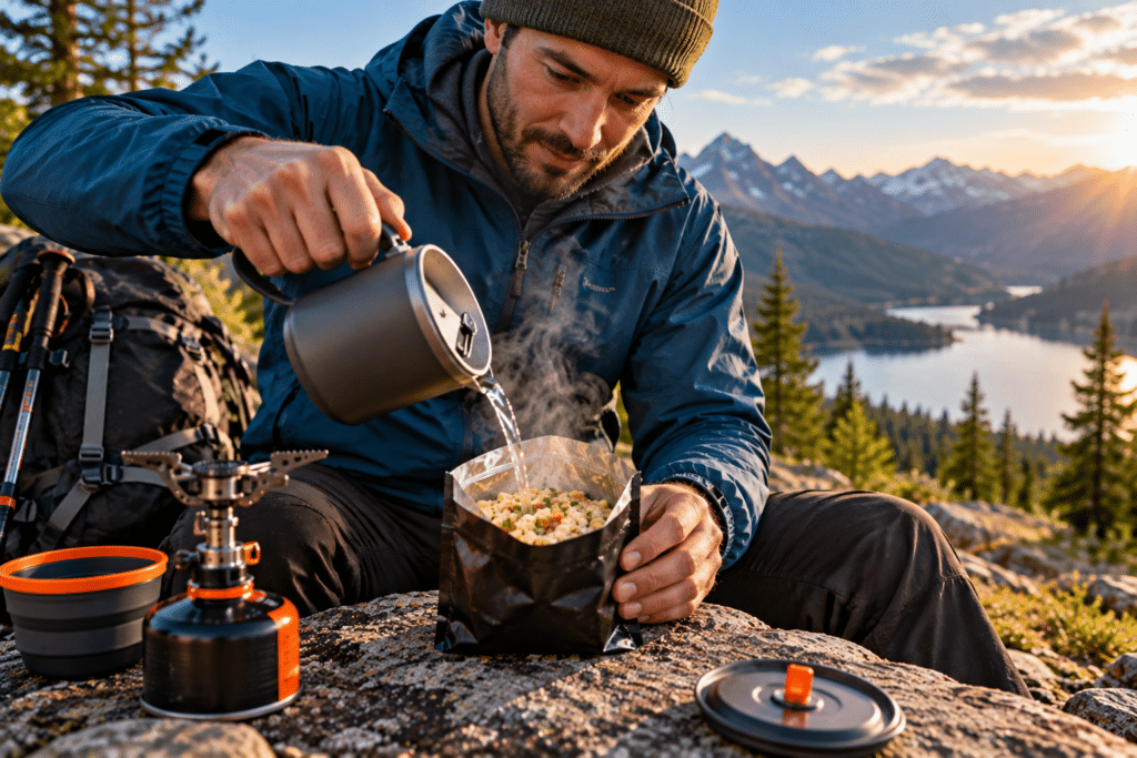 Hiker Preparing Freeze Dried Food