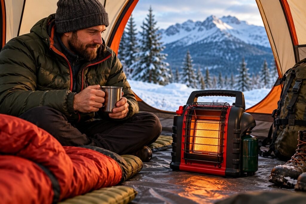 Hiker using a tent heater in a tent