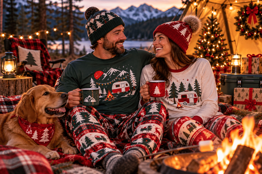 Couple wearing Camping Christmas Shirts and Pajamas