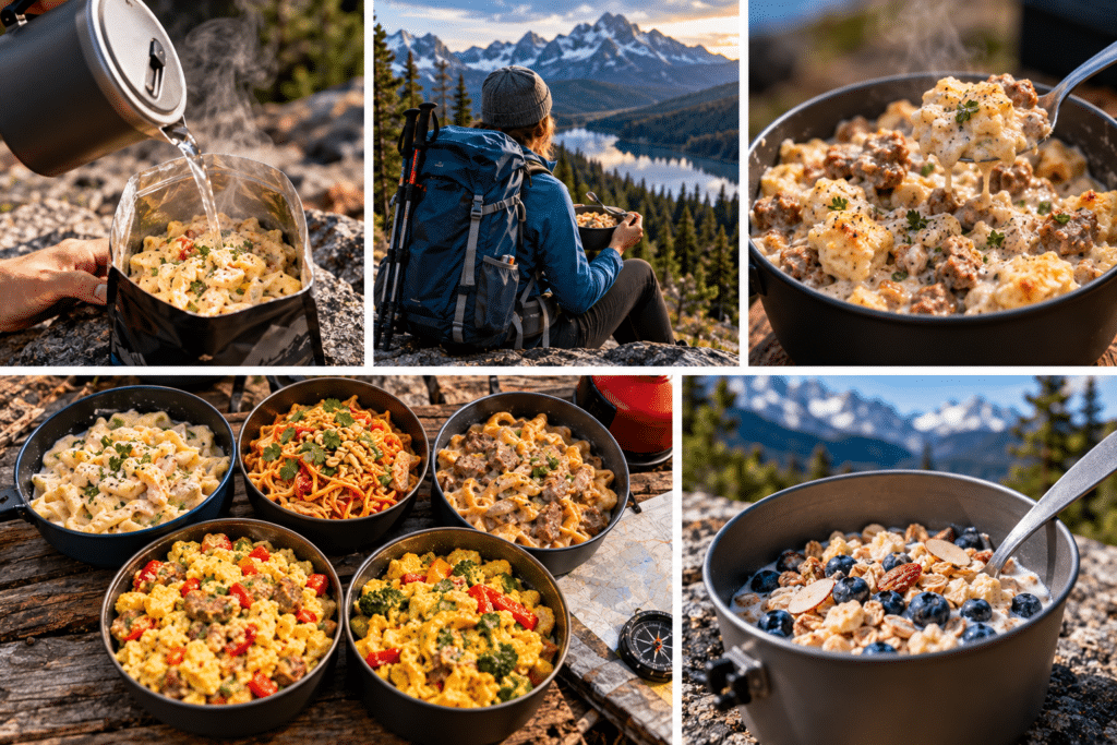 Image collage of hiker and camp food