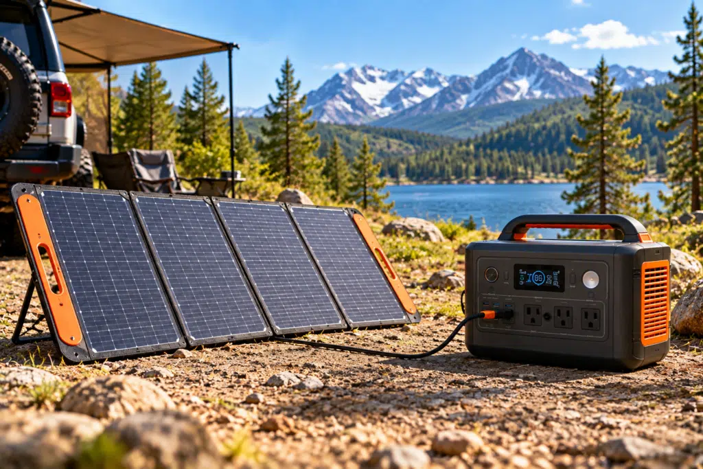 Portable power station connected to solar panels