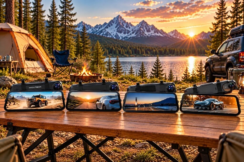 Rear view mirror cameras for camping
