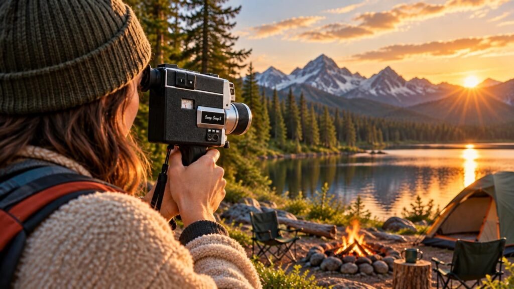woman using a camp snap video camera